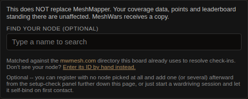 The optional 'Find your node' search box on the MeshCore setup block, matched against the mwmesh.com directory.